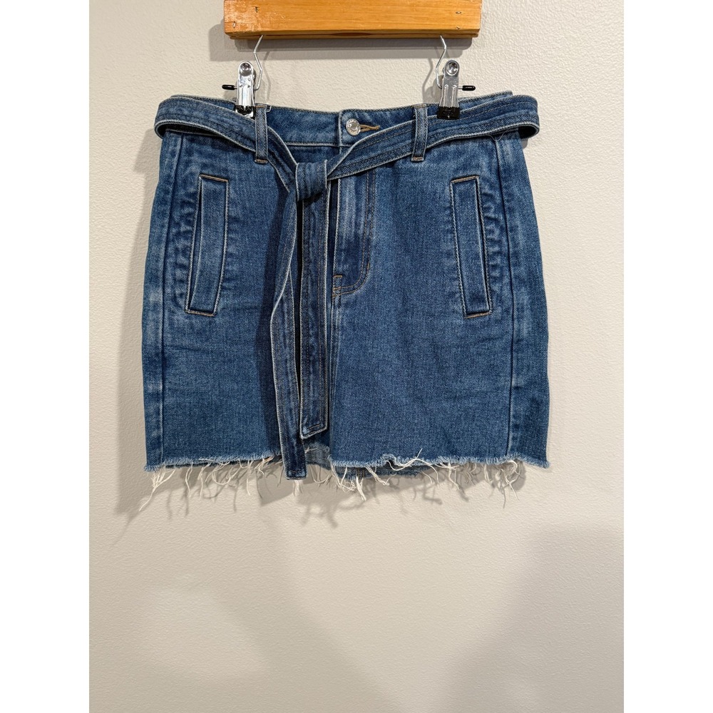 PacSun Cut‎ Off Mini Skirt Women's Size 25 Blue Denim Belted Raw Hem Cut Off